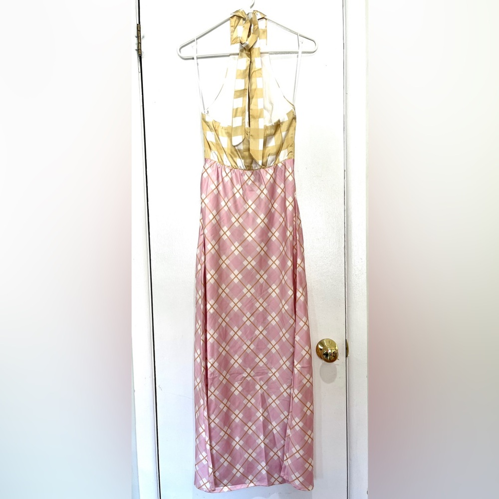 Picnic Plaid Satin Midi Dress Halter Y2K Slip AU 6 US XS - Picture 9 of 16